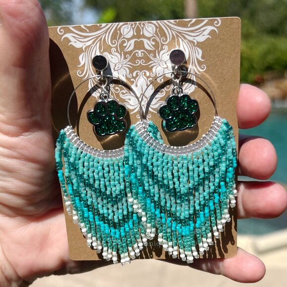 Handmade Beaded Long Fringe Paw Love Dangle Drop Lightweight Post Hoop Earrings - Picture 4 of 10